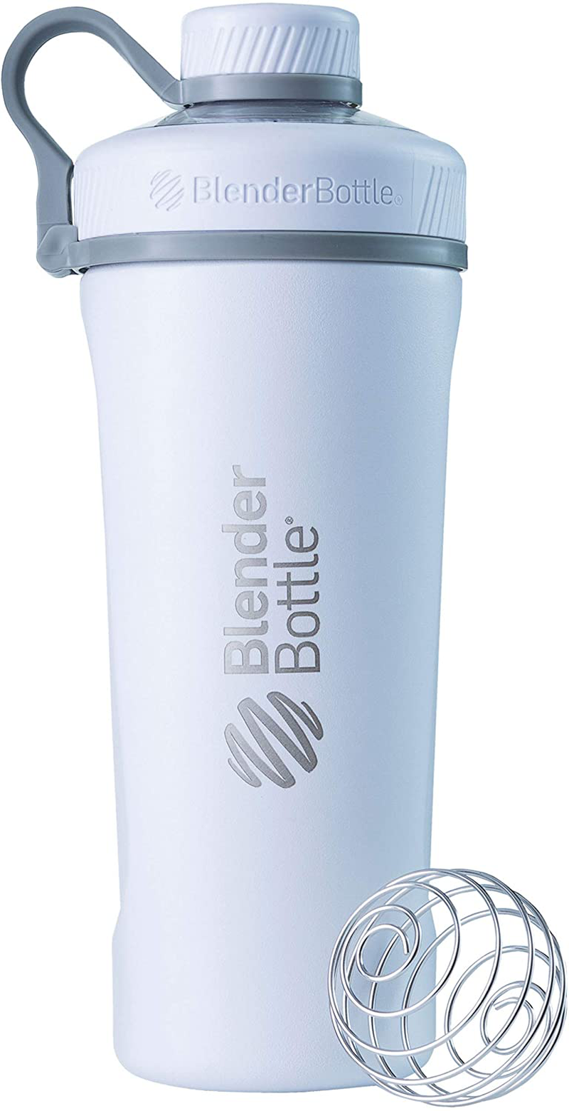 BlenderBottle Radian Shaker Cup Insulated Stainless Steel Water Bottle with Wire Whisk, 26-Ounce, Matte White