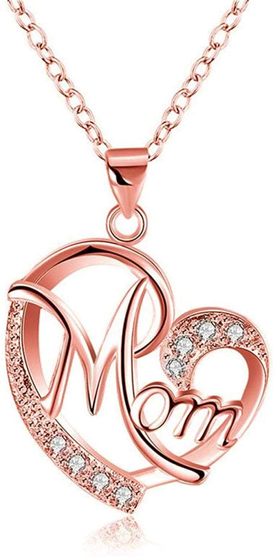 Heart Mom Necklace Crystal Shiny MOM Heart Shape Pendant Necklace Love Heart Mom Pendant Necklace Mother Heart Necklace Jewelry Gifts Perfect Silver Tone Heart Necklace for Mom Wife
