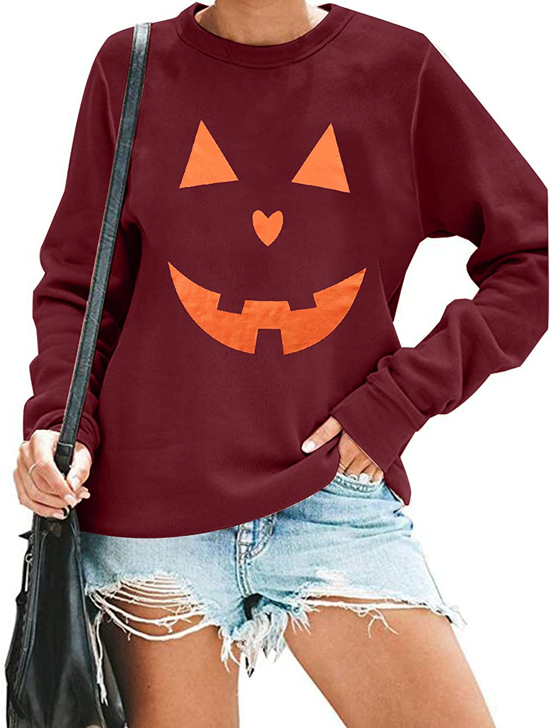 Women's Halloween Pumpkin Face Long Sleeve Sweatshirts Lightweight Casual Pullover Tops