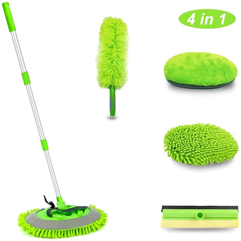 KYLER Car Wash Brush with Long Handle - 4 in 1 Car Cleaning Mop, Car Duster, Window Squeegee and Chenille Microfiber, 45'' Long Handle Car Mop, Vehicle Wash Brush Kit