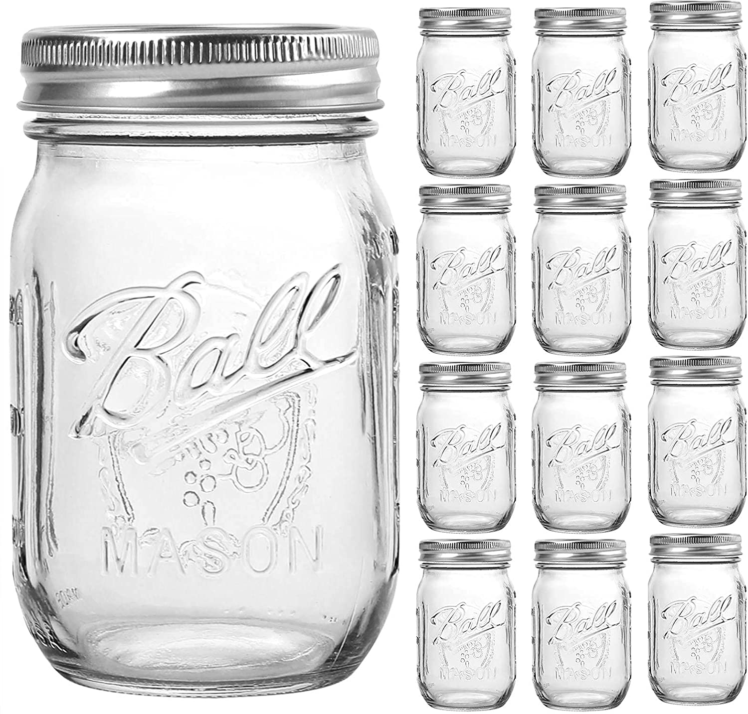 Bedoo Mason Jars 16 oz Regular Mouth Lids and Bands [Set of 12] Pint Mason Jars Clear Glass Canning Jars 16-Ounces, Airtight Lids, Dishwasher Safe