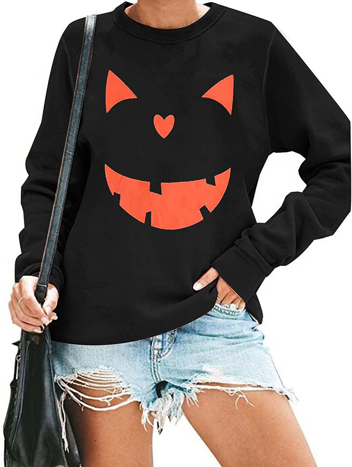 Women's Halloween Pumpkin Face Long Sleeve Sweatshirts Lightweight Casual Pullover Tops