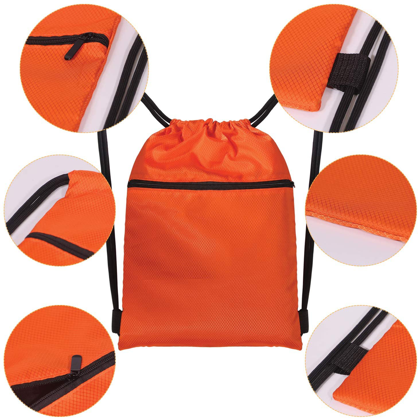 Drawstring Strings Bags with Pockets Sports Athletic School Travel Gym Cinch Sack Lightweight Backpack for Men and Women, Orange
