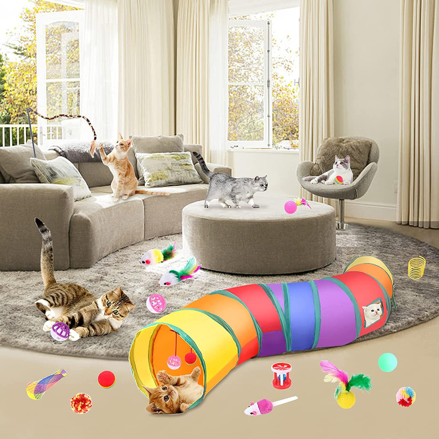 22PCS Rainbow Interactive Cat Toys Cats Tunnel with Bell Mouse Ball Crinkle Feather String, Kitten Toys for Indoor Cats Pet Puppy, Kitty Toy Set for Cat Hiding Hunting and Training