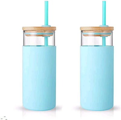 tronco 20oz Glass Tumbler Straw Silicone Protective Sleeve Bamboo Lid - BPA Free (Cape Cod/ 2-Pack)