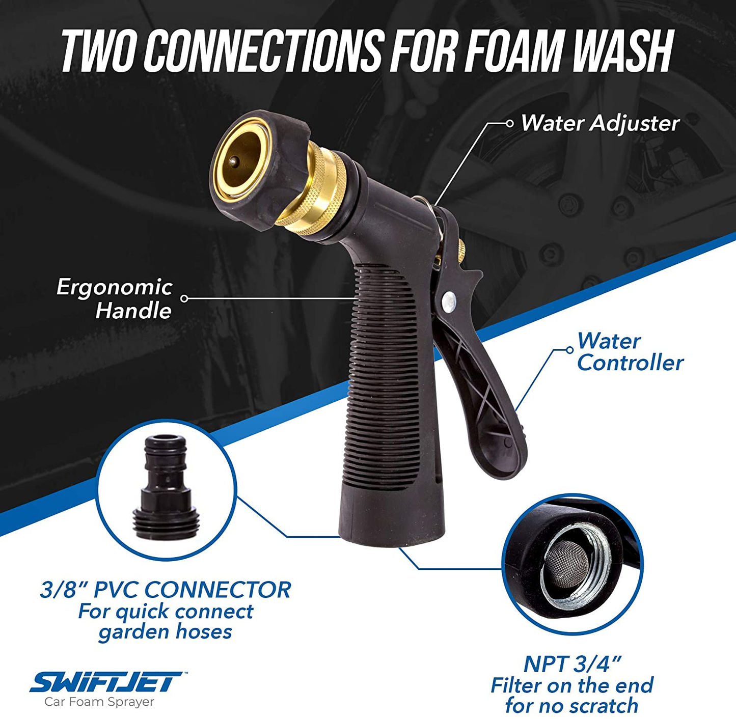 SwiftJet Car Wash Foam Gun Sprayer with Microfiber Wash Mit - Adjustable Water Pressure & Soap Ratio Dial - Foam Cannon Attaches to Any Garden Hose (Foam Sprayer with Wash Mit)