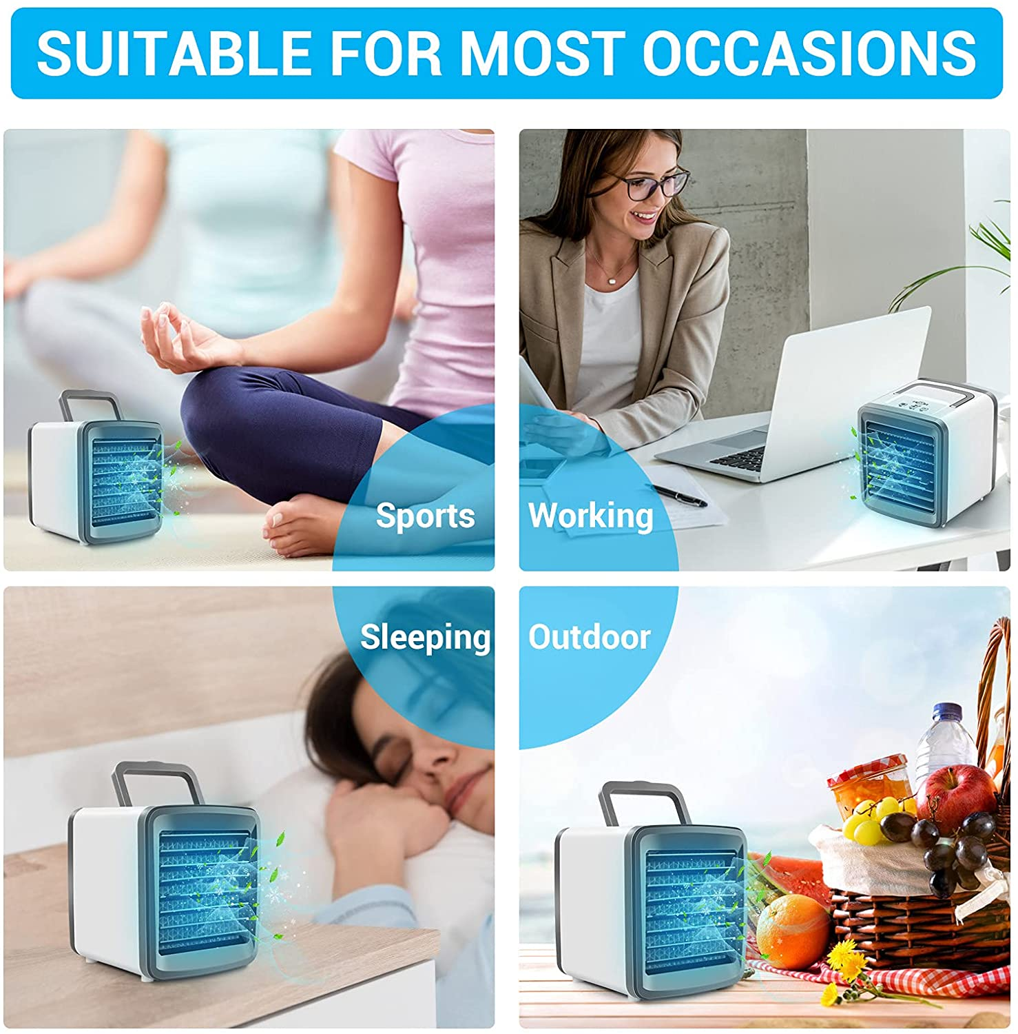 Personal Air Conditioner, Portable Air Cooler Fan with Handle, 4 in 1 Mini Evaporative Cooler USB Rechargeable Desk Fan, Cooling Mist Humidifier with Colorful Led Night Light for Room/Office/Dorm/Bedroom, Grey