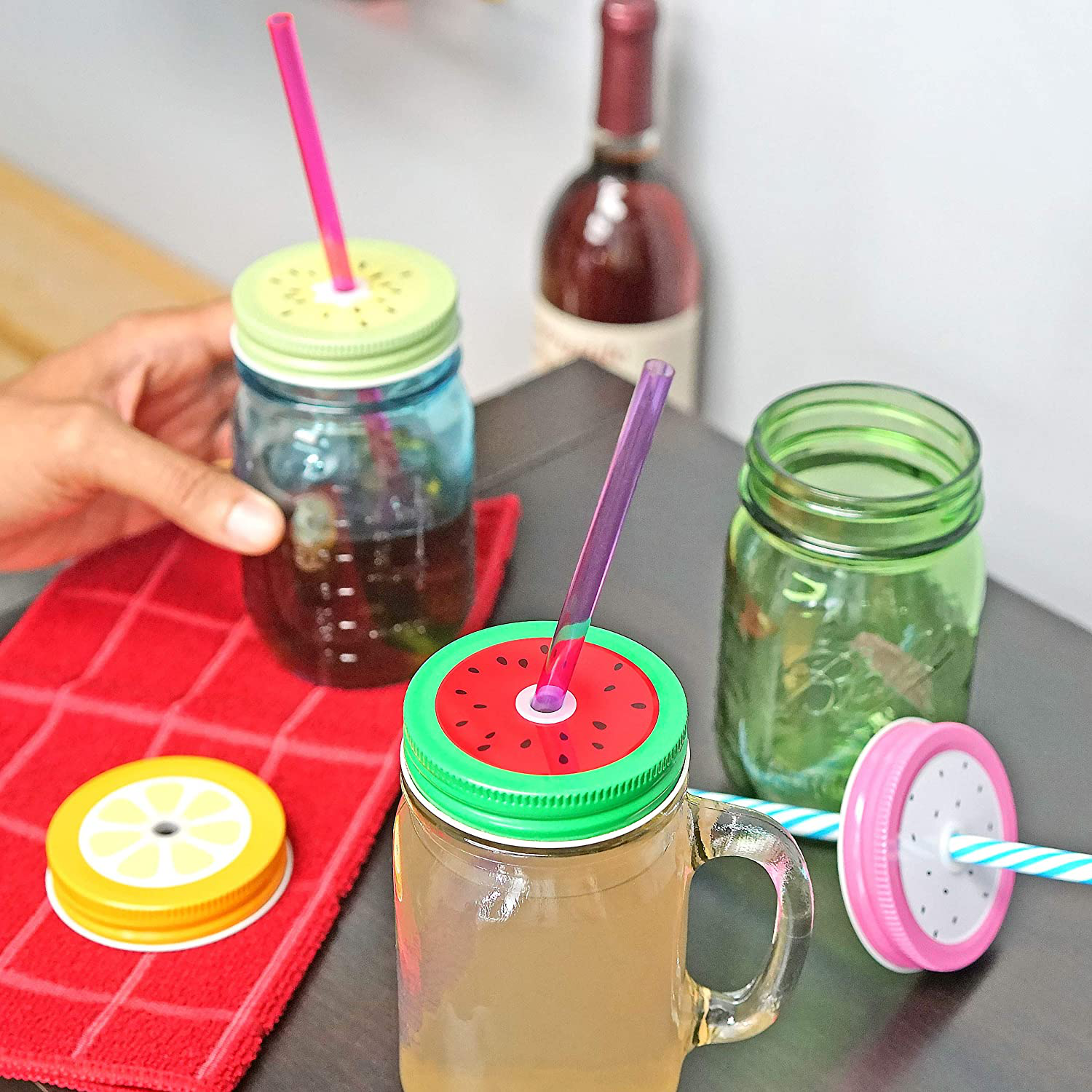 Southern Homewares Polka Dot Pattern Mason Jar Lids for Straws Set of 4 Fun Jar Lids Kids Colorful Jar Lids Straw Holes Small