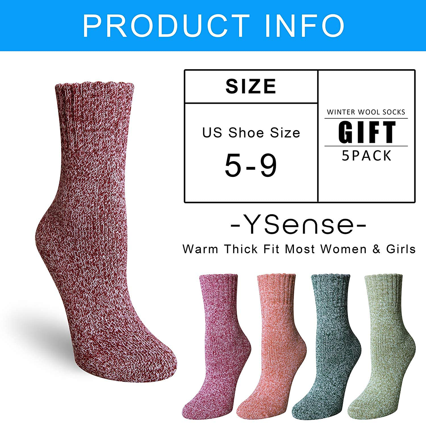 Womens Wool Socks, 5 Pairs Vintage Thick Knit Winter Warm Socks for Women Men Gifts