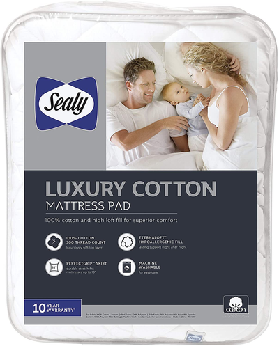 Sealy Luxury 100% Cotton Fitted Mattress Pad, Queen, White