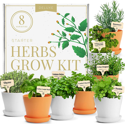 Deluxe Herb Garden Grow Kit – 8 Variety Indoor and Outdoor Herb Seed Starter Kit – Get Growing W/Pots, Potting Soil, and Detailed Gardening Guide by Home Grown - DIY Gardening Gifts for Women & Men