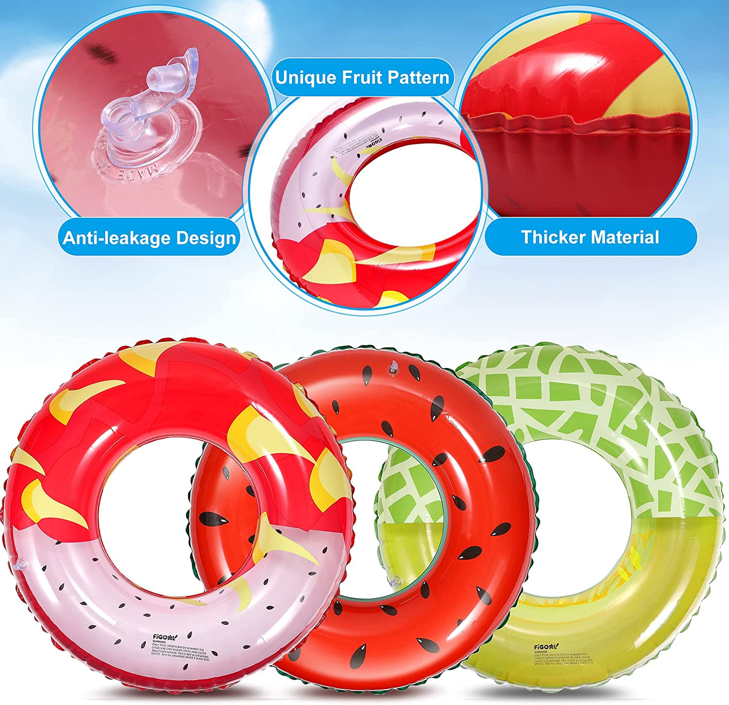 3 Pack Summer Swimming Float with Watermelon, Melon, and Dragon Fruit Swimming Pool Ring Funny Pool Tube Toys for Summer Water Parties Outdoor Water Activities