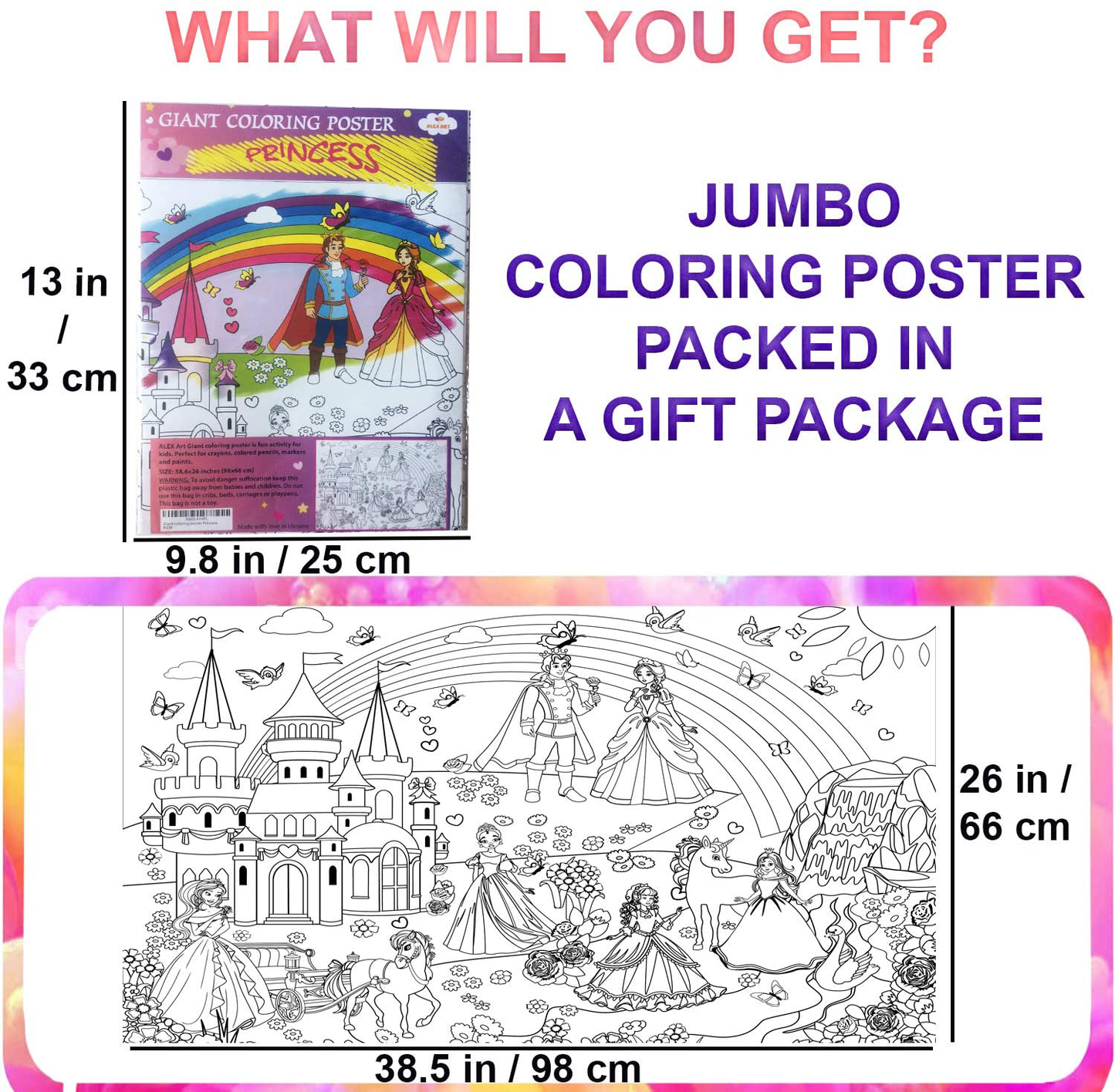Alex Art, Giant Coloring Poster - Princess Huge Posters to Color - Large Coloring Poster for Wall - Coloring Posters for Kids - Giant Coloring Pages - Jumbo Coloring Poster, Big 38.5" x 26"