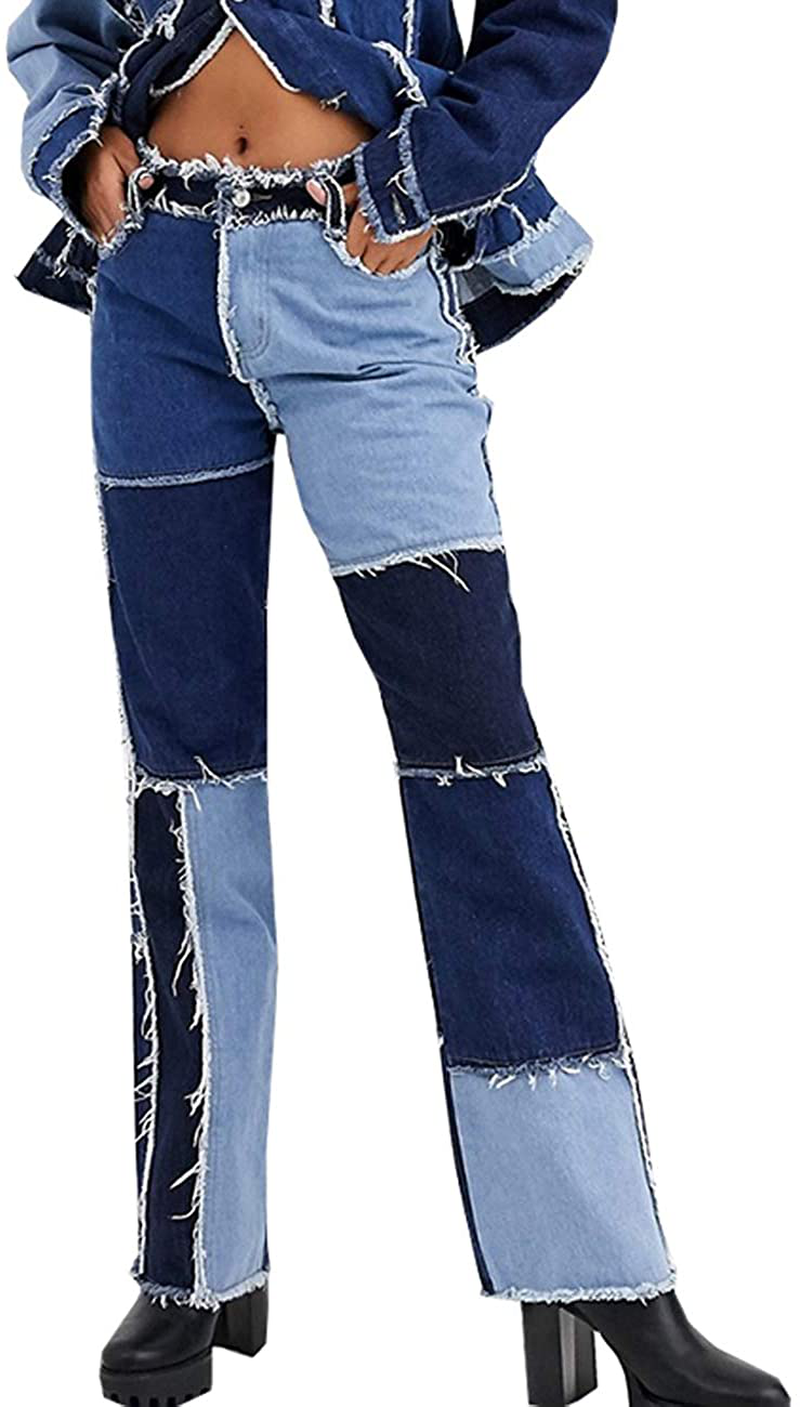 Syydn Women's High Waisted Stretch Patchwork Straight Jeans Sexy Denim Pants