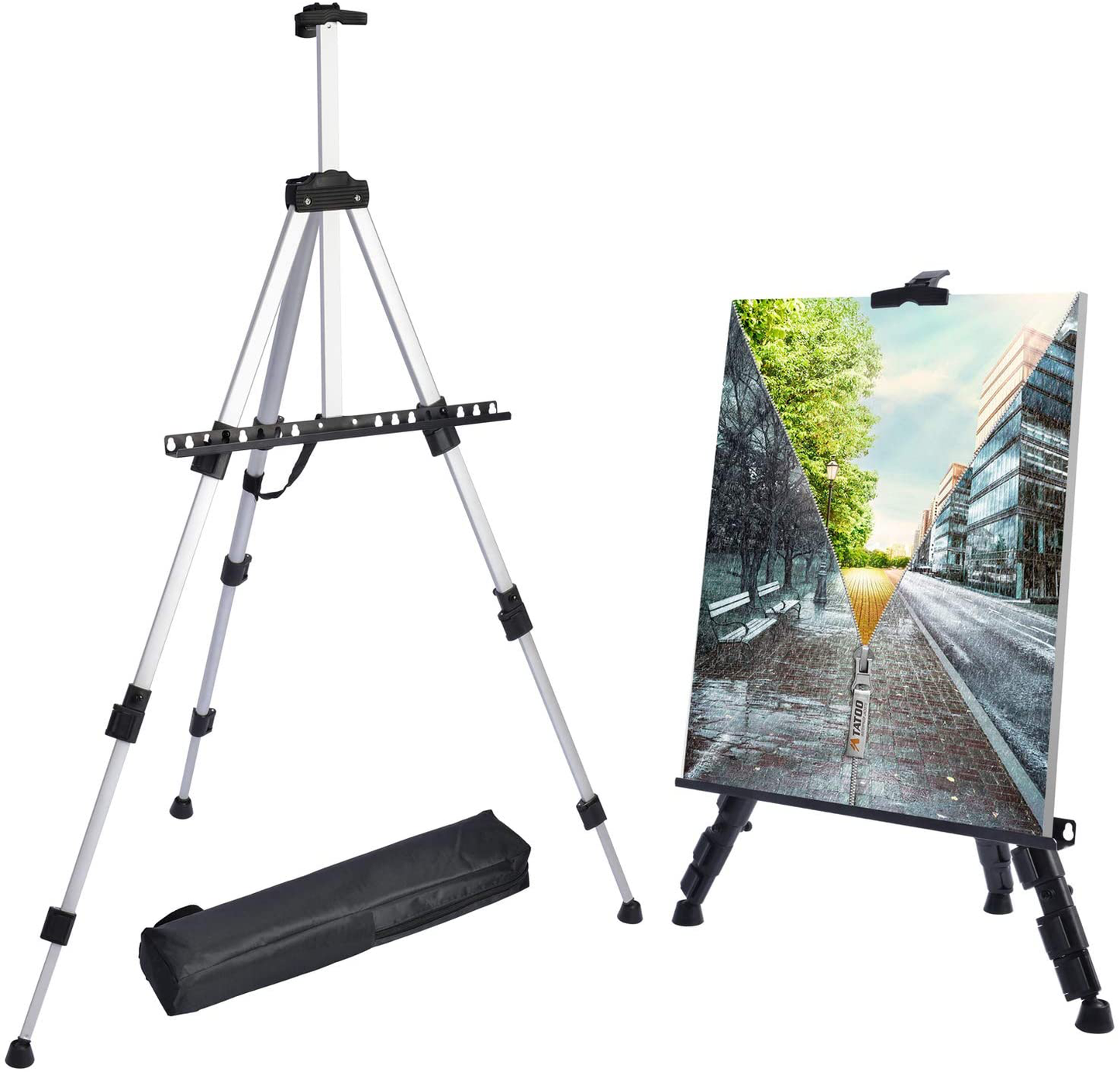 Reinforced Artist Easel Stand, Extra Thick Aluminum Metal Tripod Display Easel 21" to 66" Adjustable Height with Portable Bag for Floor