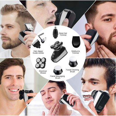  6 in 1 Wet & Dry Cordless Electric Rechargeable Shaver Razor for Men Bald Head Shaver Rotary Shaver Grooming Kit with Beard Trimmer Clippers Nose Trimmer Facial Brush 