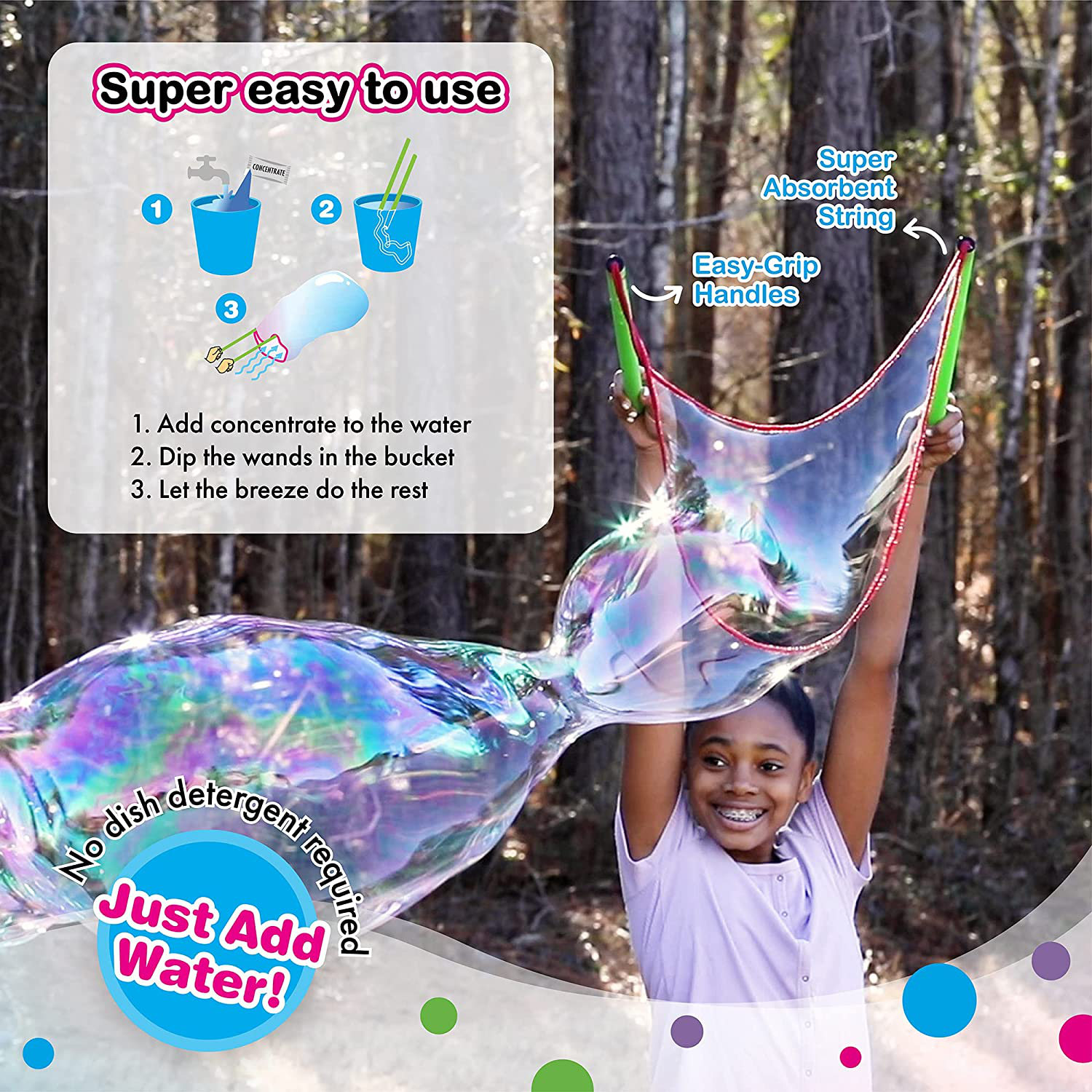 WOWMAZING Giant Bubble Wands Kit: (4-Piece Set) | Incl. Wand, Big Bubble Concentrate and Tips & Trick Booklet | Outdoor Toy for Kids, Boys, Girls | Bubbles Made in The USA - Standard Kit