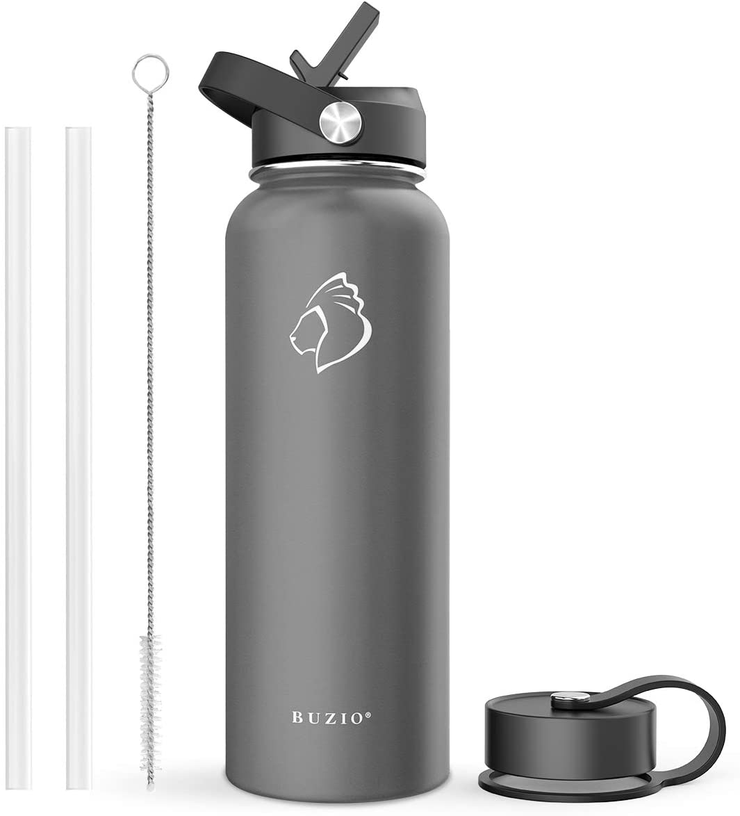 BUZIO Insulated Water Bottle with Straw Lid and Flex Cap, 32oz, 40oz, 64oz, 87oz Modern Double Vacuum Stainless Steel Water Flask, Cold for 48 Hrs Hot for 24 Hrs Simple Thermo Canteen Mug,BPA-Free