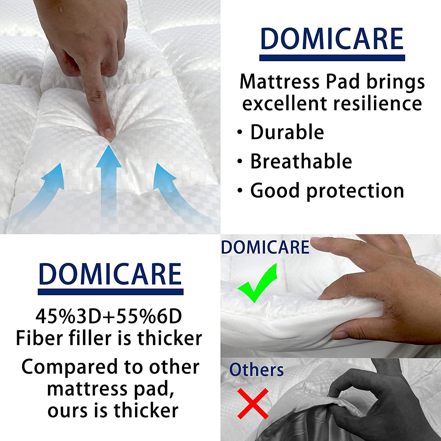 DOMICARE Full Size Mattress Pad Cover Quilted Fitted Mattress Protector with Deep Pocket (8-21Inch), Cooling Cotton Mattress Topper Pillow Top-White
