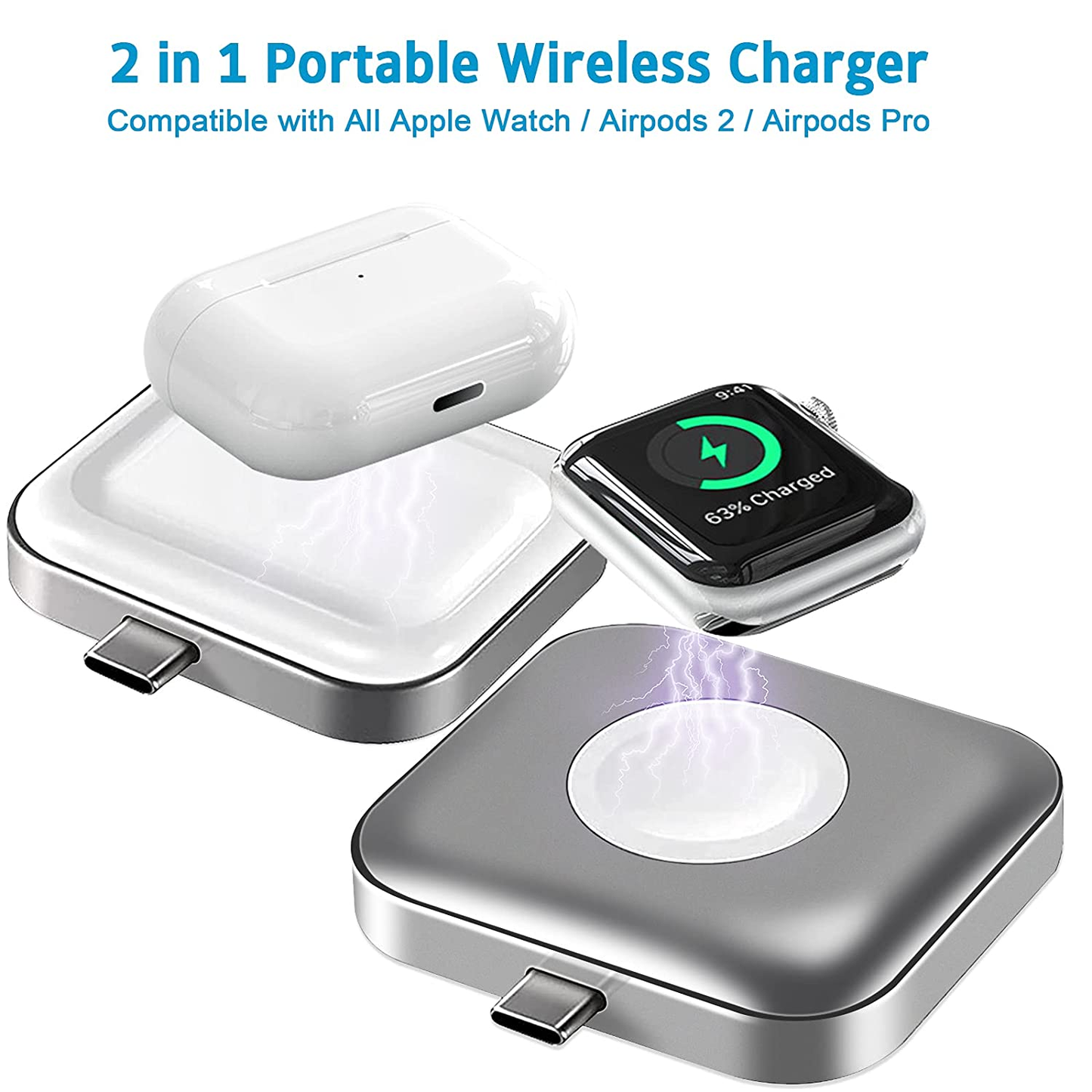 [1 Pack] Compatible for Apple Watch Charger Airpods Charger,2 in 1 Portable Wireless USB-C Charger Travel Cordless Magnetic Charging Station Compatible with Iwatch SE Series 6/5/4/3/2/1/Airpods 2/Pro