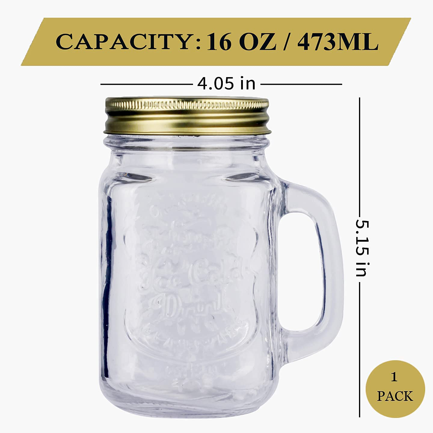 Mason Jar with Handle Drinking Glasses 16 oz Regular Mouth with sealing lid and straw lid ,Great for Drink Beverages,Crafts and Gifts (1 Pcs )