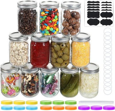 Aozita15 PACK Glass Mason Jars 12 oz, Regular Mouth Canning Jars with Metal Airtight Lids, Leak-Proof Colored Lids, Chalkboard Labels, Marker, for Meal Prep, Food Storage, Canning, Preserving