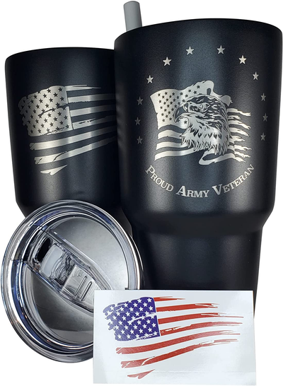 30Oz Army Veteran Tumbler - Double Insulated - with Silicone Straw and USA Sticker (Army Veteran)