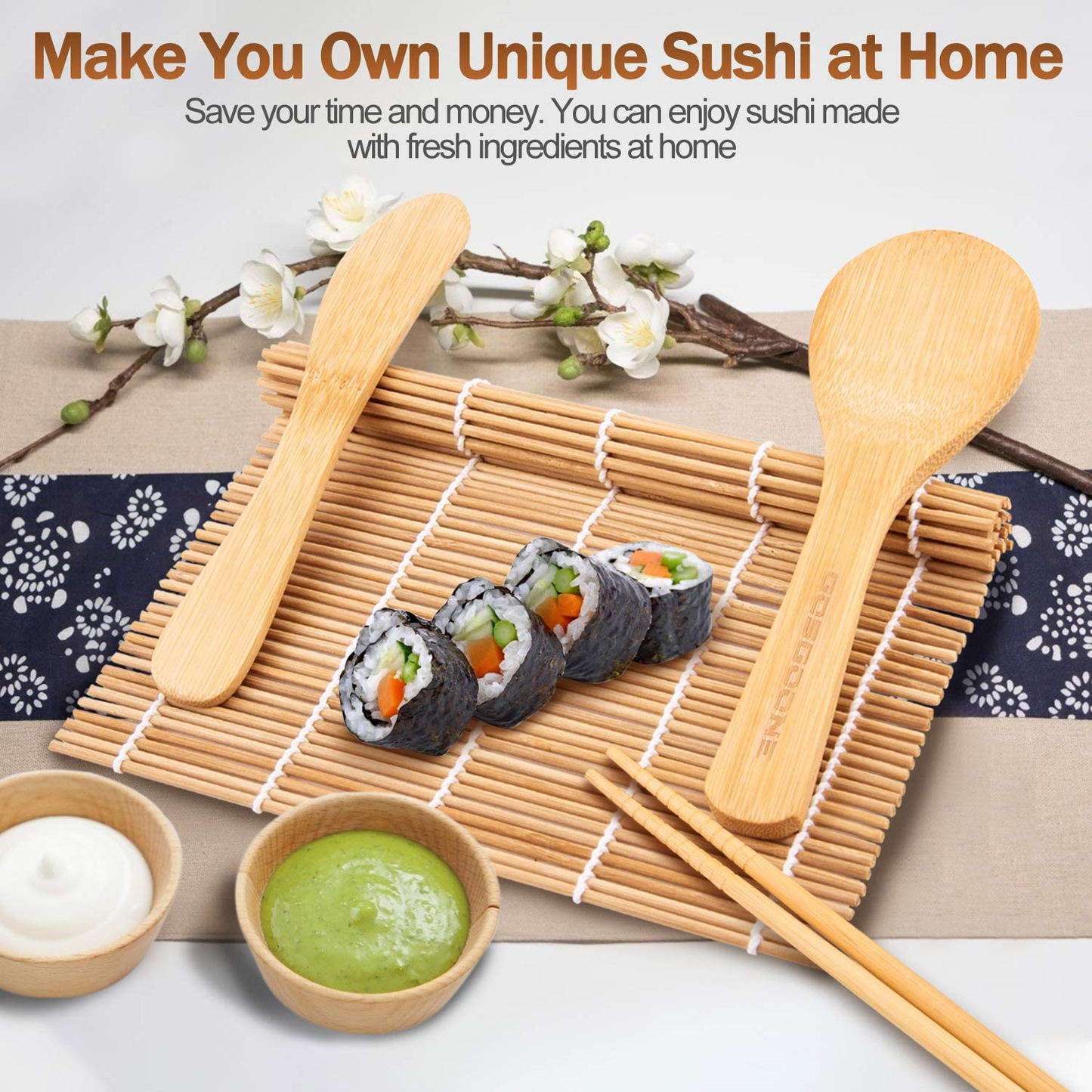 9 PCS Premium Sushi Making Kit, Thicken Bamboo Sushi Mat, Including 2 Sushi Roller, 5 Pairs of Reusable Chopsticks, 1 Paddle, 1 Spreader, Sushi Maker Kit Set Ideal for Beginners and Kids by GOSGOONE
