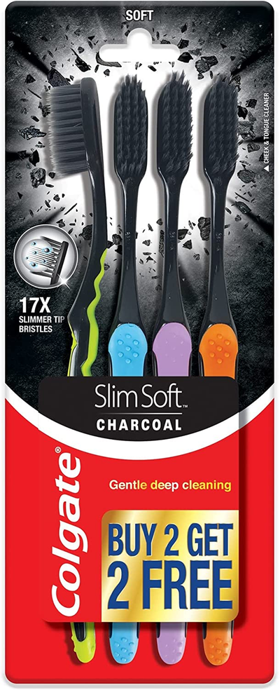 Colgate Slim Soft Charcoal Toothbrush 17X Slimmer Soft Tip Bristles (Buy 2 Get 2)