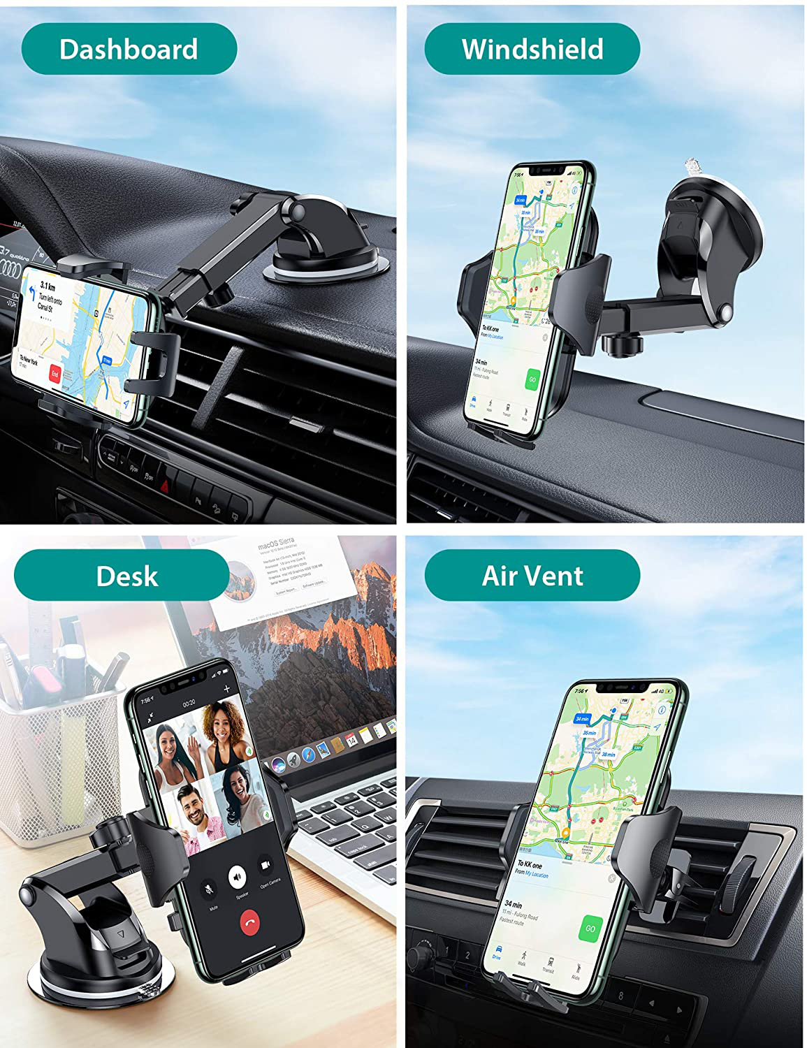 VICSEED Universal Cell Phone Holder for Car Phone Mount Car Phone Holder Dashboard Windshield Air Vent Long Arm Strong Suction Cell Phone Car Mount Fit with iPhone SE 12 Pro Galaxy S21 All Phones