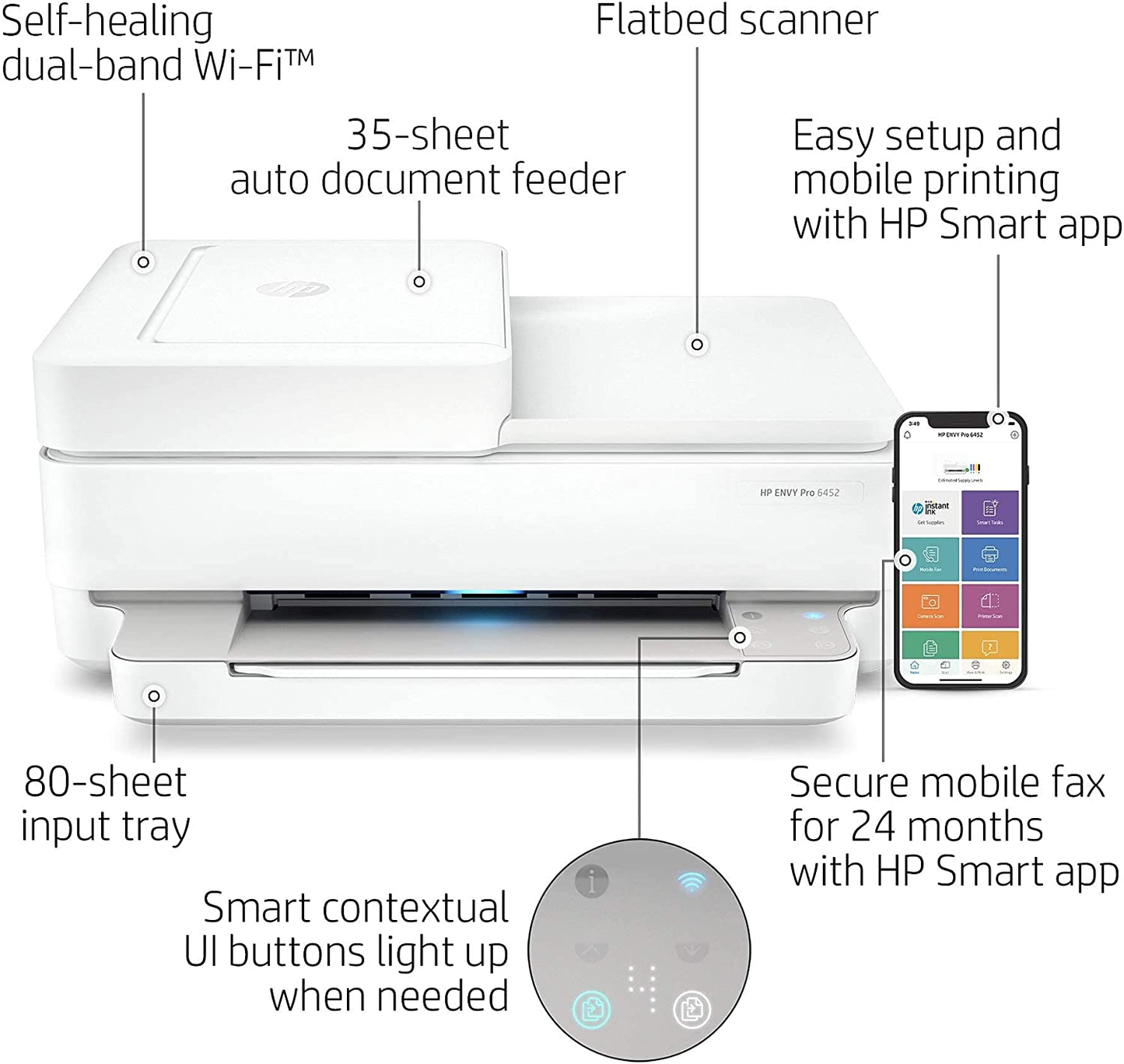 HP Envy Pro 6452 Wireless All-In-One Color Inkjet Printer, Mobile Print, Scan & Copy, Instant Ink Ready, 5SE47A (Renewed)