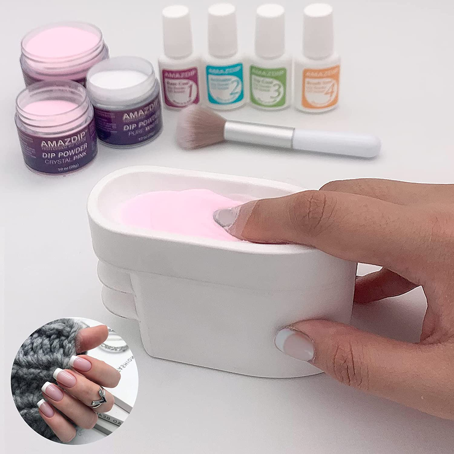 2-In-1 Multi Dip Powder Recycling Tray System with Scoop & French Dip Nail Tray with Dust Cleaning Brush, AMAZDIP Dipping Powder Nail Glitter Holder Saver Manicure Accessories, Combo Design - White