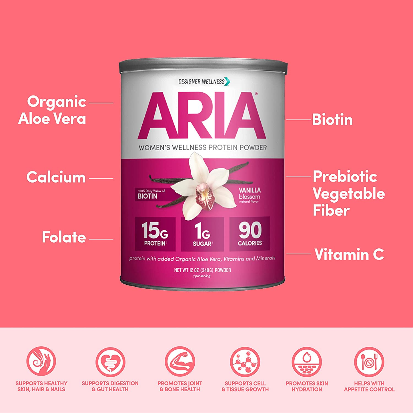 Designer Wellness, Aria, Women'S Wellness Low Calorie Protein Powder with Biotin, Vitamin C and Organic Aloe, Vanilla, 12 Oz