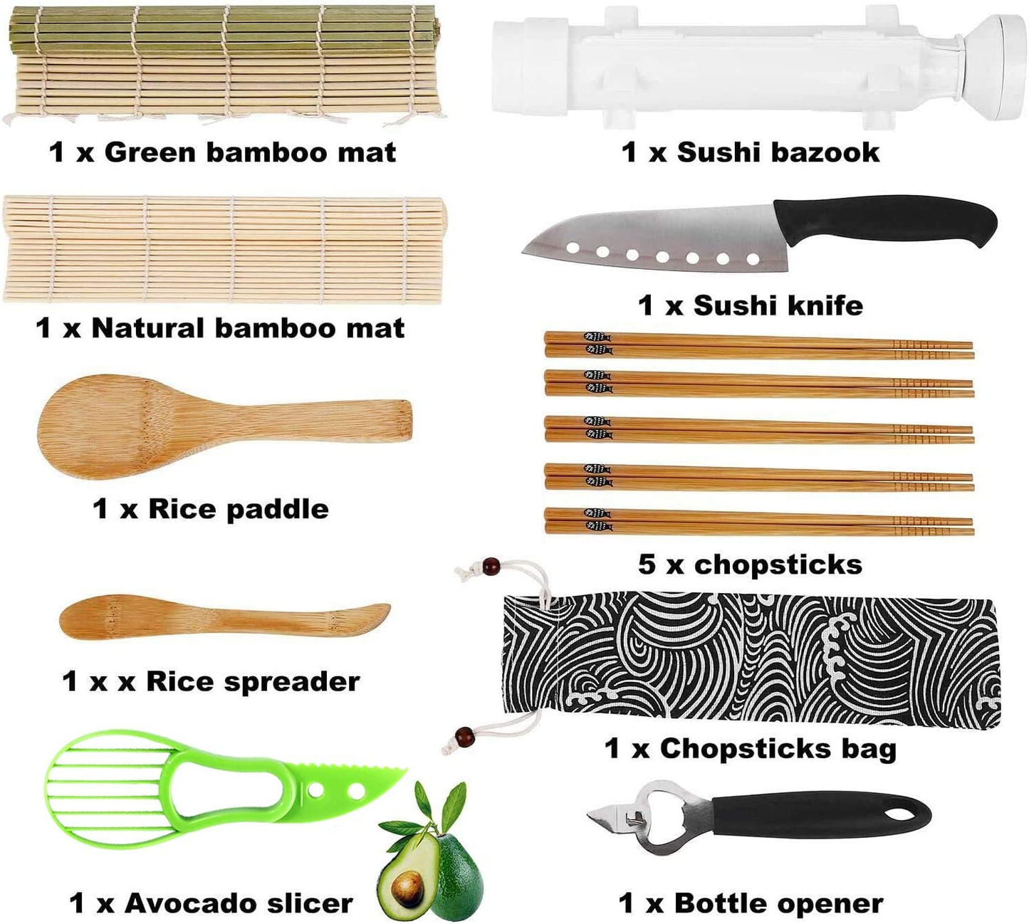 Sushi Making Kit - All in One Sushi Bazooka Maker with Sushi Knife,2 X Bamboo Mats,5 X Bamboo Chopsticks,Avocado Slicer,Paddle,Spreader, Bottle Opener, Cotton Bag - DIY Sushi Roller Machine