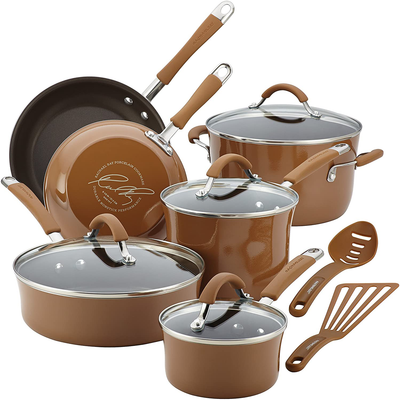 Rachael Ray Cucina Nonstick Cookware Pots and Pans Set, 12 Piece, Mushroom Brown