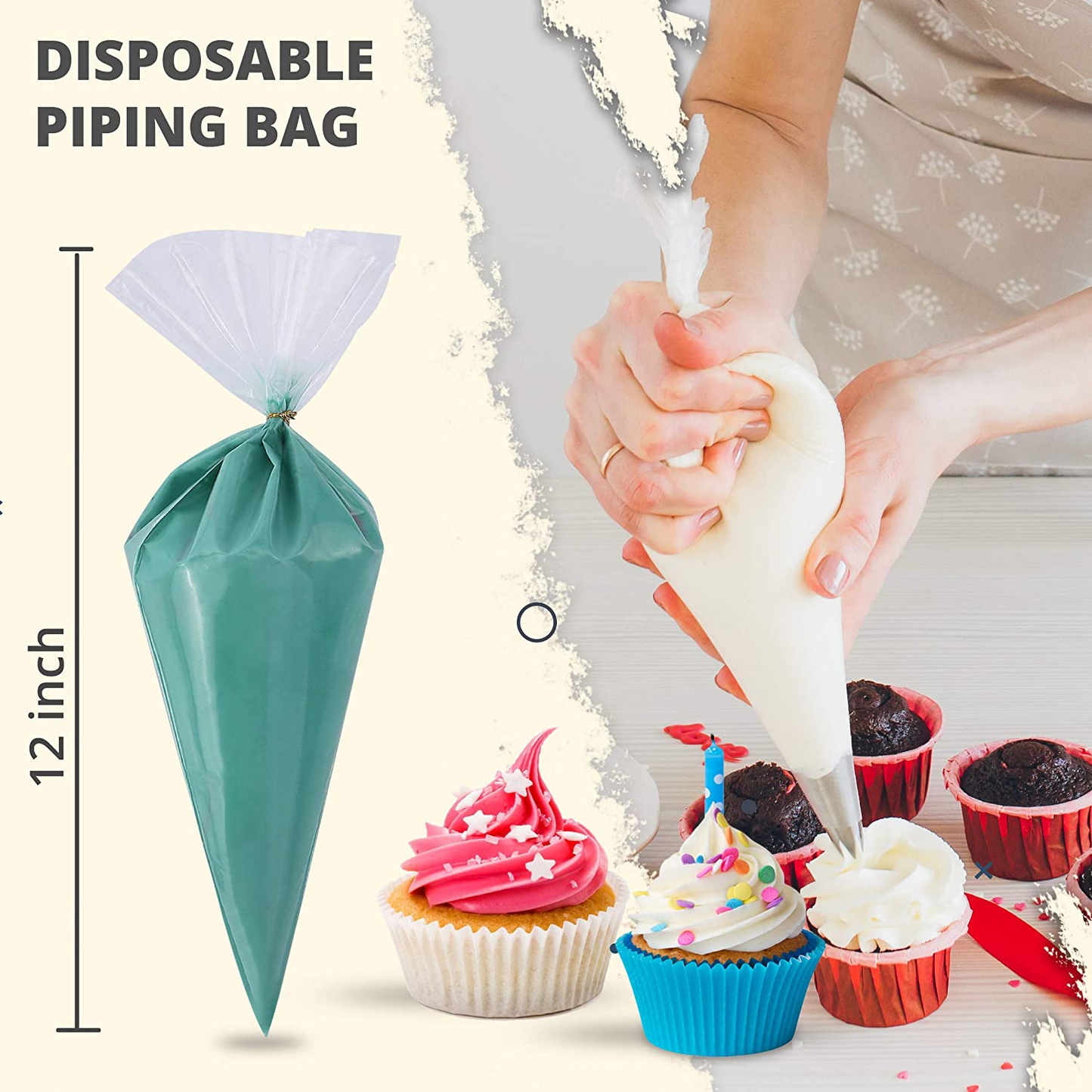 Riccle Disposable Piping Bags 16 Inch - 100 Anti Burst Pastry Icing Bags for Cream Frosting, Cakes and Cookies Decoration