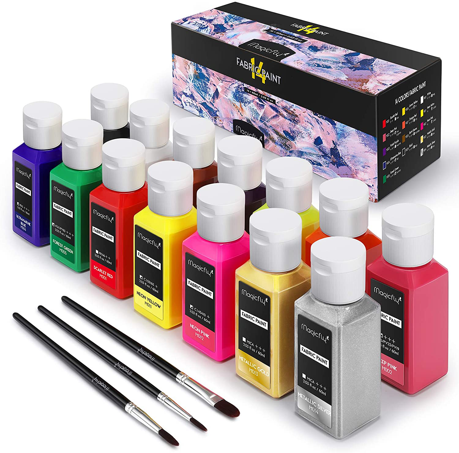 Magicfly Permanent Soft Fabric Paint Set Textile Paints with 3 Brushes, No Heating Needed & Washable Fabric Paint for All DIY Projects