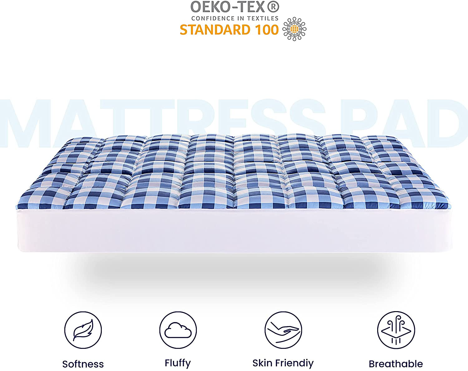 SLEEP ZONE Quilted Mattress Pad Cover Printed Geometric Grid Topper Overfilled Fluffy Soft Pillow Top Down Alternative Fill Fits up to 21 inch Deep Pocket, Blue, Full