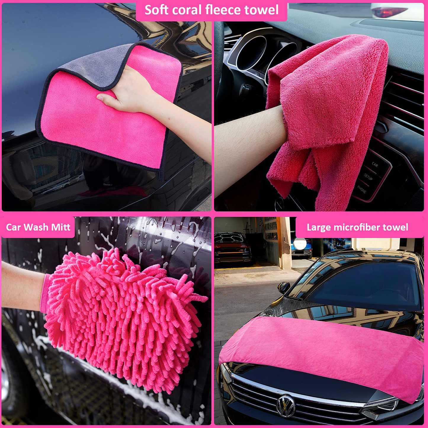HLWDFLZ 31pcs Car Cleaning Kit, Pink Car Wash Kit and Detailing kit - Car Detailing Brushs, Microfiber Cleaning Cloth, Tire Brush, Window Scraper for Cleaning Car Interior Exterior