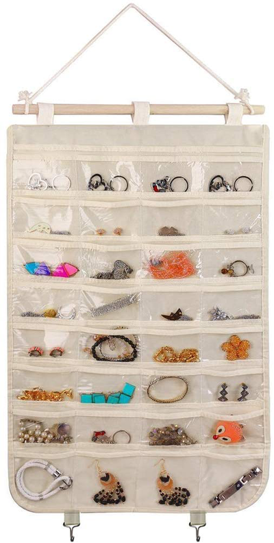 BB Brotrade Hanging Jewelry Organizer,Single Side 32 Clear PVC Pockets Wall Jewelry Storage with 2 Metal Hooks for Holding Jewelries (Beige)