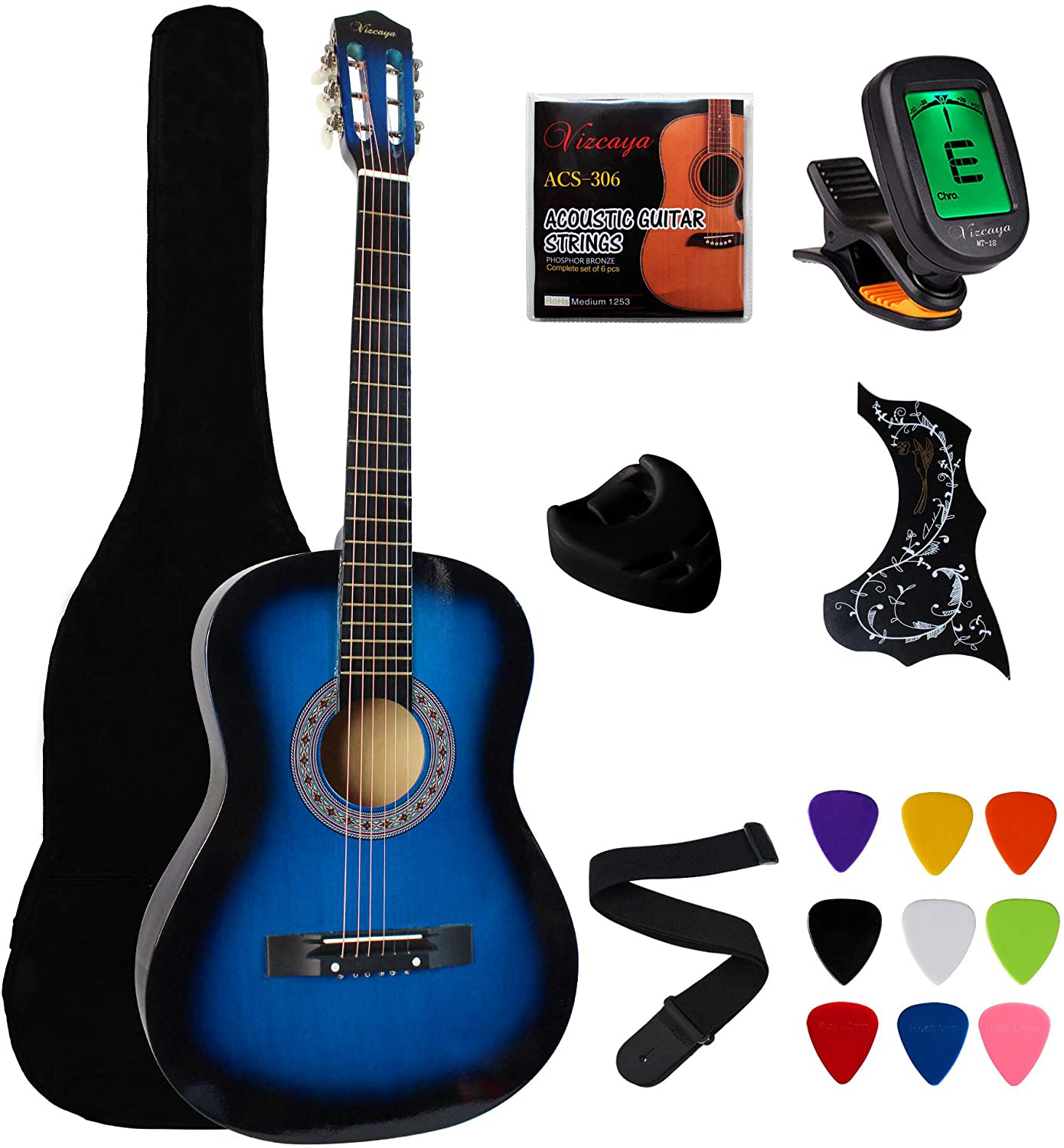 Vizcaya 38" Cutaway Natural Beginner Left-Handed Acoustic Guitar Starter Package Student Guitar with Gig Bag,Strap, Picks, Extra Strings, Electronic Tuner -Natural Cutaway Left-Handed
