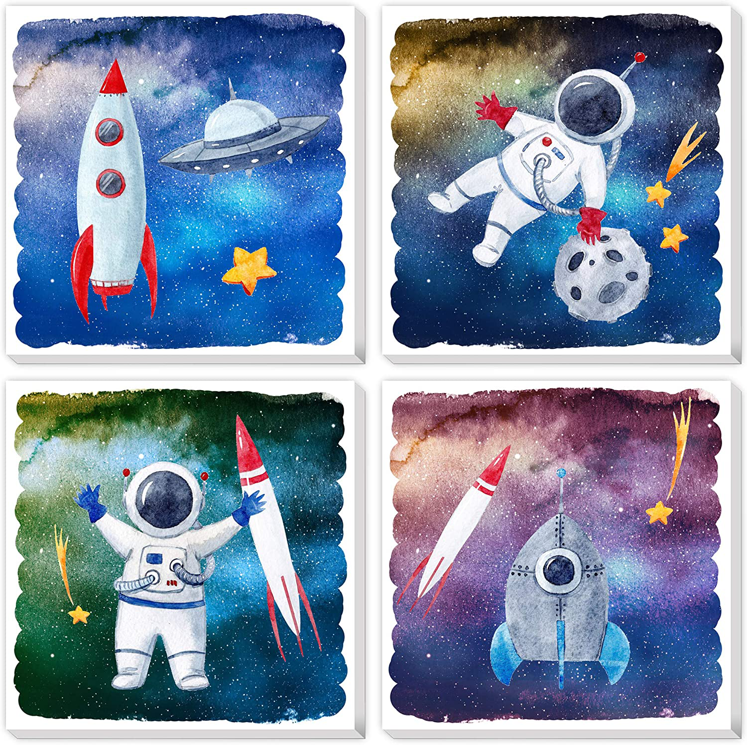 TEXTURE OF DREAMS Cartoon Astronaut Rocket Stars UFO in Outer Space Travel Canvas Wall Art, Boy Room Science Theme Nursery Wall Decor Poster Kid Bedroom Playroom Dorm Classroom 4 Pack (10" x 10")