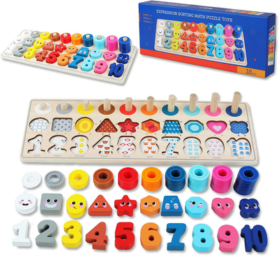 QZMTOY Wooden Montessori Toys for Kids, Toddler Number Puzzles Sorter Counting Shape Stacker Stacking Game Preschool Toys for Boy Girl Learning Education Math Blocks Chunky Puzzles Gift for Toddlers