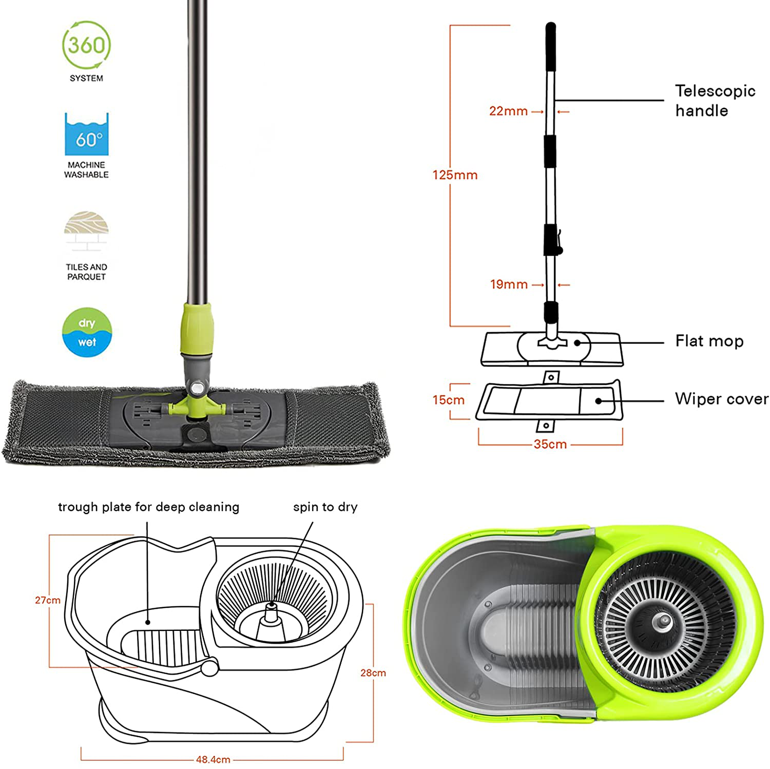 Microfiber 360° Spin Flat Mop Bucket Adjustable Handle Floor Cleaning System with Press Cleaning and Spin-Dry Two Devices