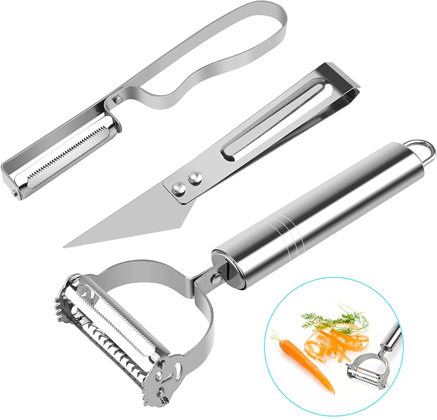 Veg Peeler 3 in 1, Vegetable Peeler, Stainless Steel Potato Peelers for Kitchen Peeler, Carrot Grater Fruit Vegetable Peelers Cocktail Zucchini Slicer Patatoe Pealer Cucumber Cutter