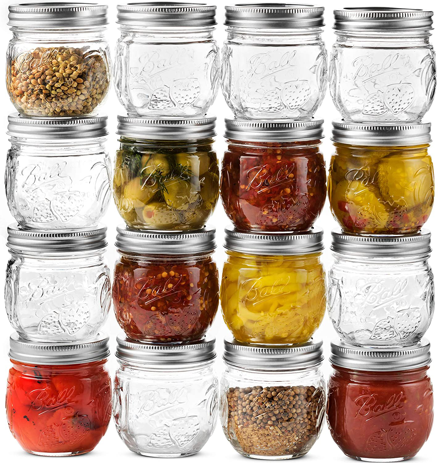 Ball Regular Mouth Mason Jar 8 oz, [Set of 16] Canning Jars, With Airtight Lids & Bands - Toxin-Free - For Canning, Fermenting, Pickling - Beverages, Storage & Decor - Bundled With SEWANTA Jar Opener.