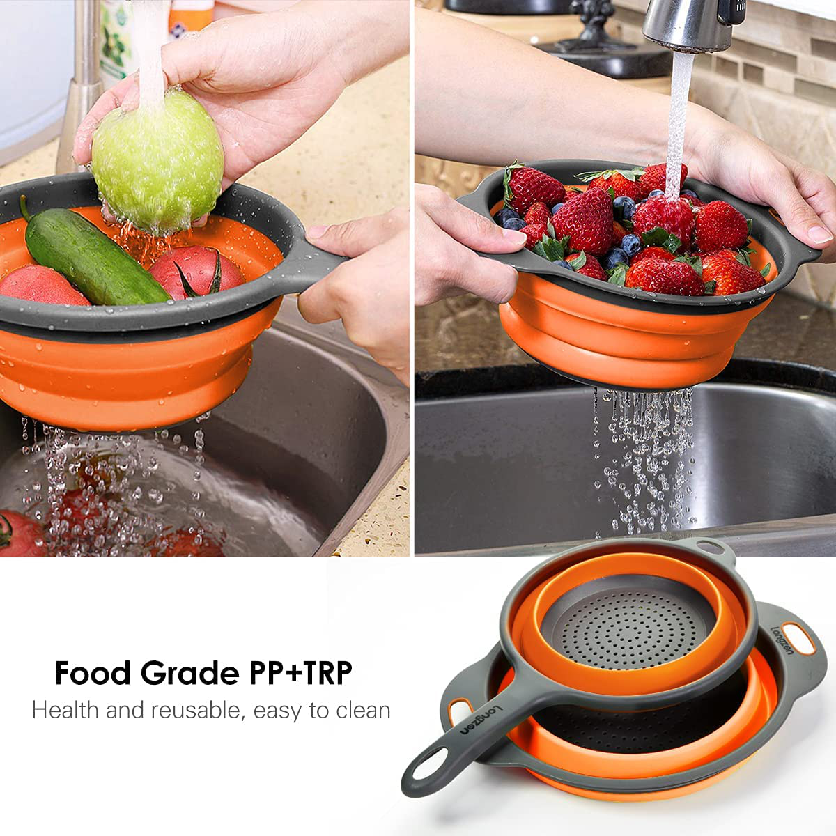 Longzon Collapsible Silicone Colanders and Strainers [2 Piece Set], Diameter Sizes 8'' -2 Quart and 9.5" -3 Quart, Pasta Vegetable/Fruit Kitchen Mesh Strainers with Extendable Handles Orange and Grey