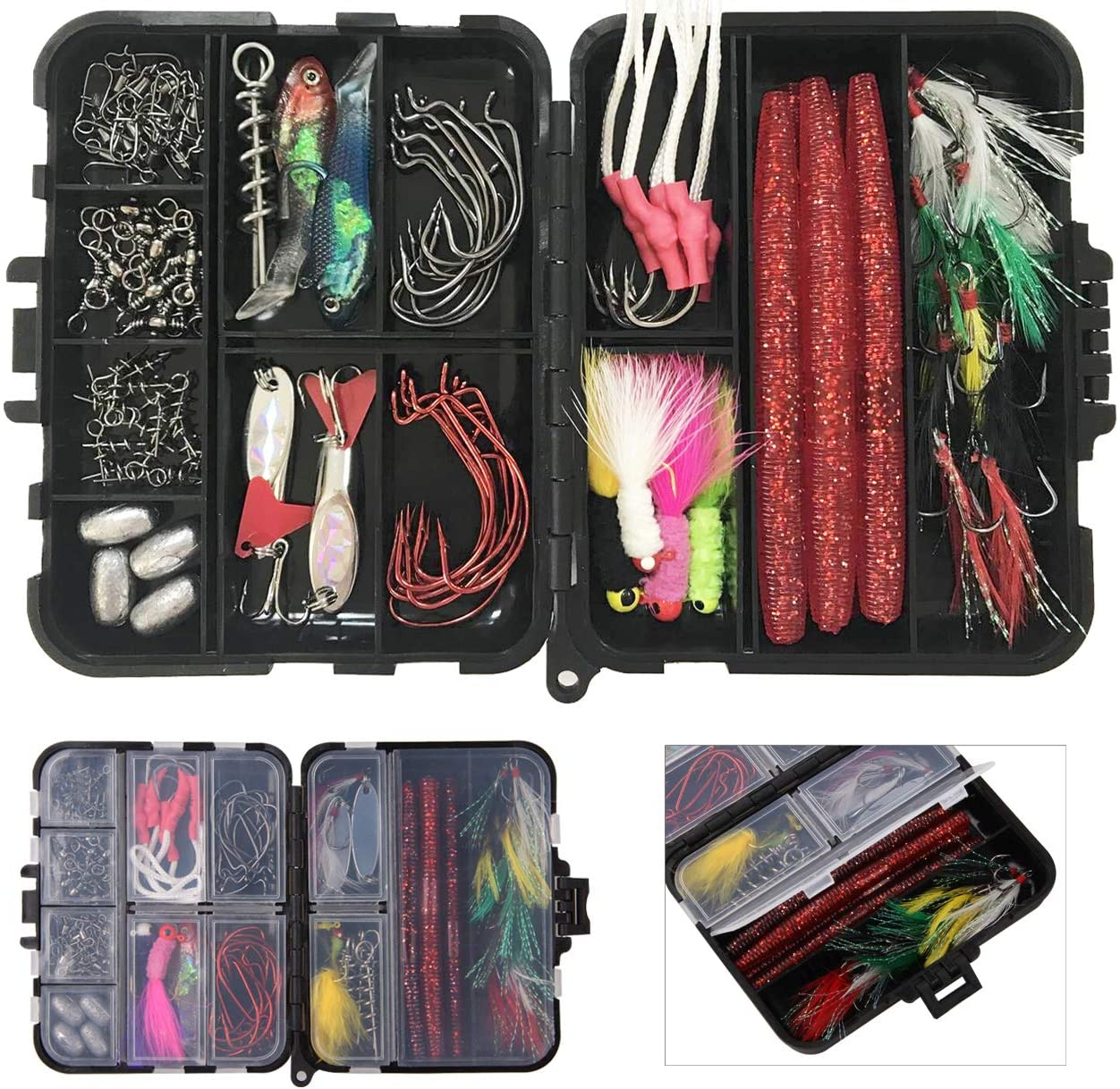 Fishing Lures Hooks Kit 100Pcs Fishing Tackle Box Include Soft Plastic Baits Crappie Jig Heads Bass Jig Hooks Metal Spoons Egg Sinkers Weights Swivels Fishing Tackle Accessories