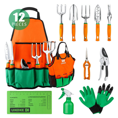 12 Piece Aluminum Garden Tools Set with Apron and Storage Pockets
