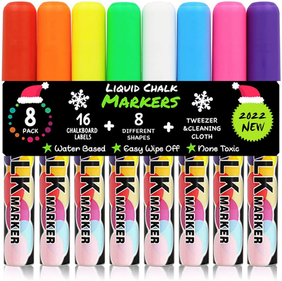 Liquid Chalk Markers, Erasable Chalkboard Neon Pens for Kids Art, 8 Packs Non-Toxic Window Markers with Chisel or Fine Tip,16 Labels, Drawing Markers for Menu Board Bistro Board, Blackboard